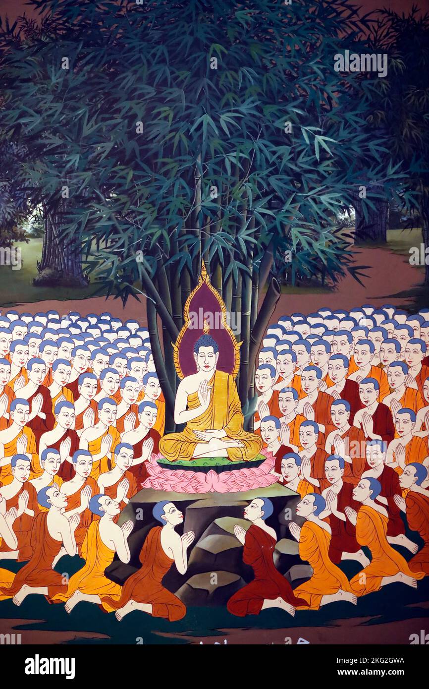 La vie du Bouddha, Siddhartha Gautama. Bouddha avec disciples, enseignement. Temple Wat Botum. Fresque murale. Phnom Penh. Cambodge. Banque D'Images La vie du Bouddha, Siddhartha Gautama. Bouddha avec disciples, enseignement. Temple Wat Botum. Fresque murale. Phnom Penh. Cambodge. Banque D'Images
