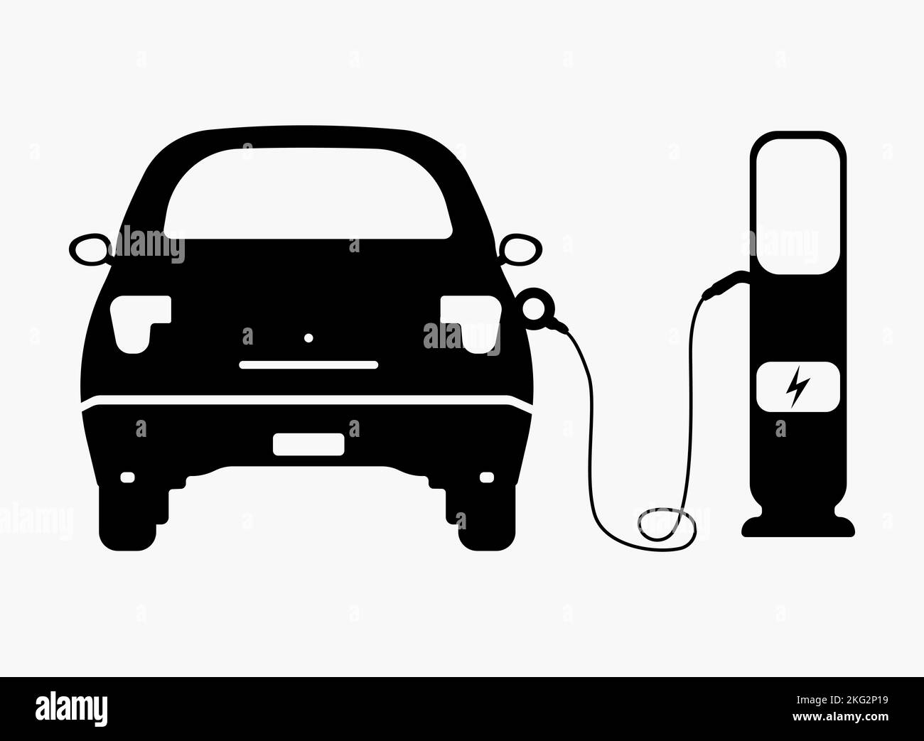 Une silhouette de la voiture électrique à une station de charge isolée sur fond blanc Illustration de Vecteur