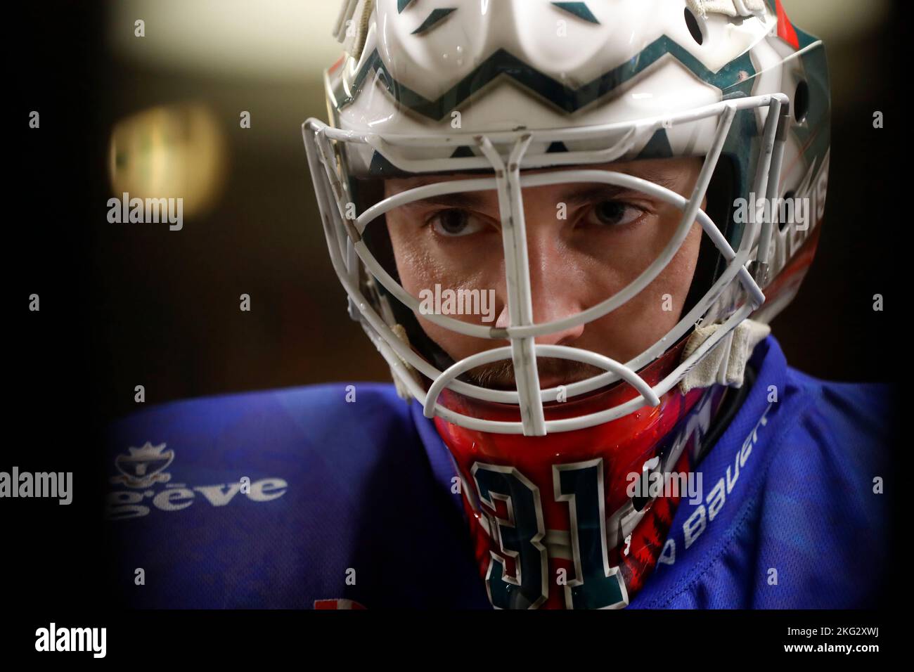 Joueur de hockey sur glace. Équipe HC Mont-blanc. Saison 2021-22. France. Banque D'Images