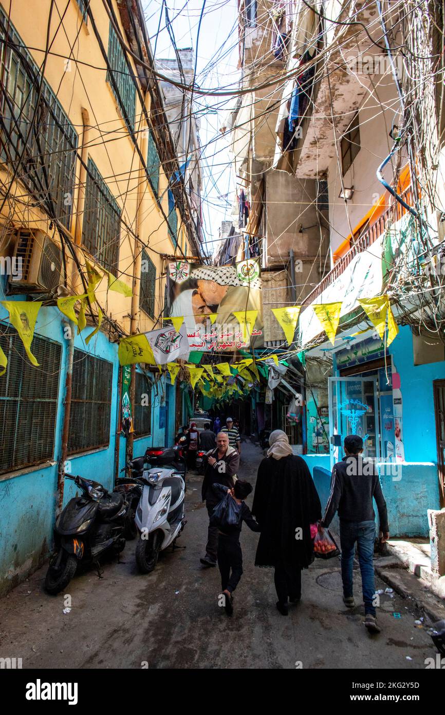 Rue dans le camp de réfugiés de Shatila, Beyrouth, Liban Banque D'Images