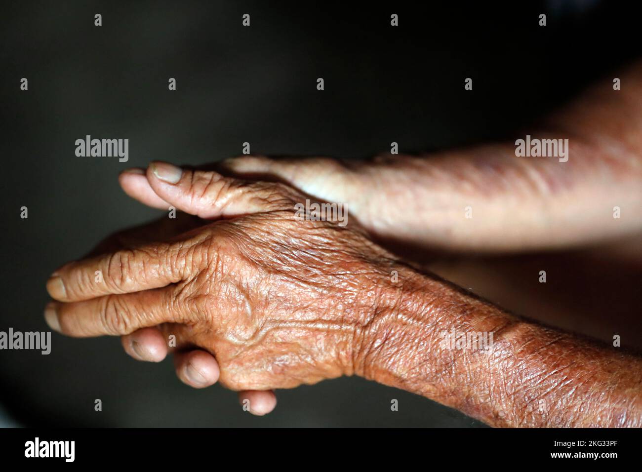 Gros plan des mains d'un homme âgé de 80 ans. Chau Havane. Vietnam. Banque D'Images