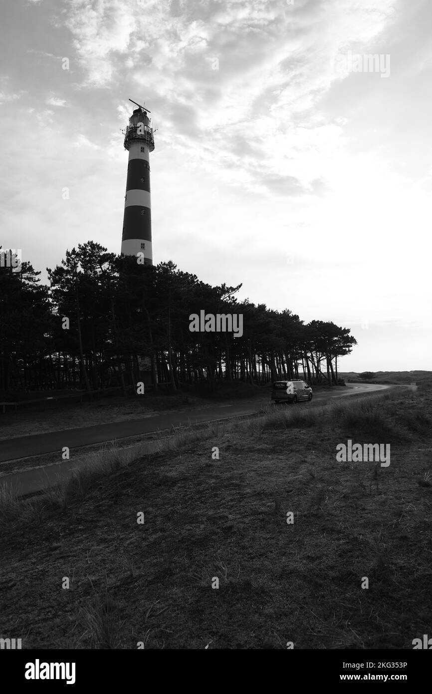 Un phare vertical en niveaux de gris sur Ameland, entouré d'arbres près d'une route Banque D'Images