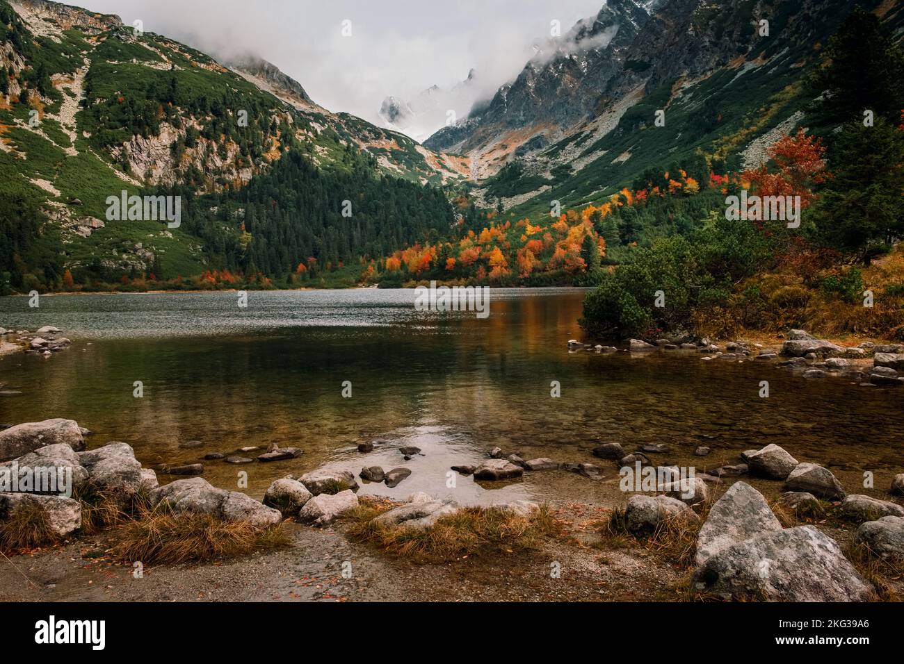 Magnifique lac de montagne Popradske pleso avec ses reflets Forêt d'automne, Hautes Tatras en arrière-plan Banque D'Images