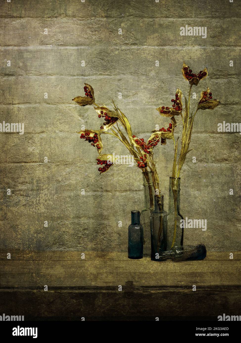 WABI sabi encore la vie avec de vieux flacons et des têtes de graines d'iris séchées. Intérieur rustique. Banque D'Images