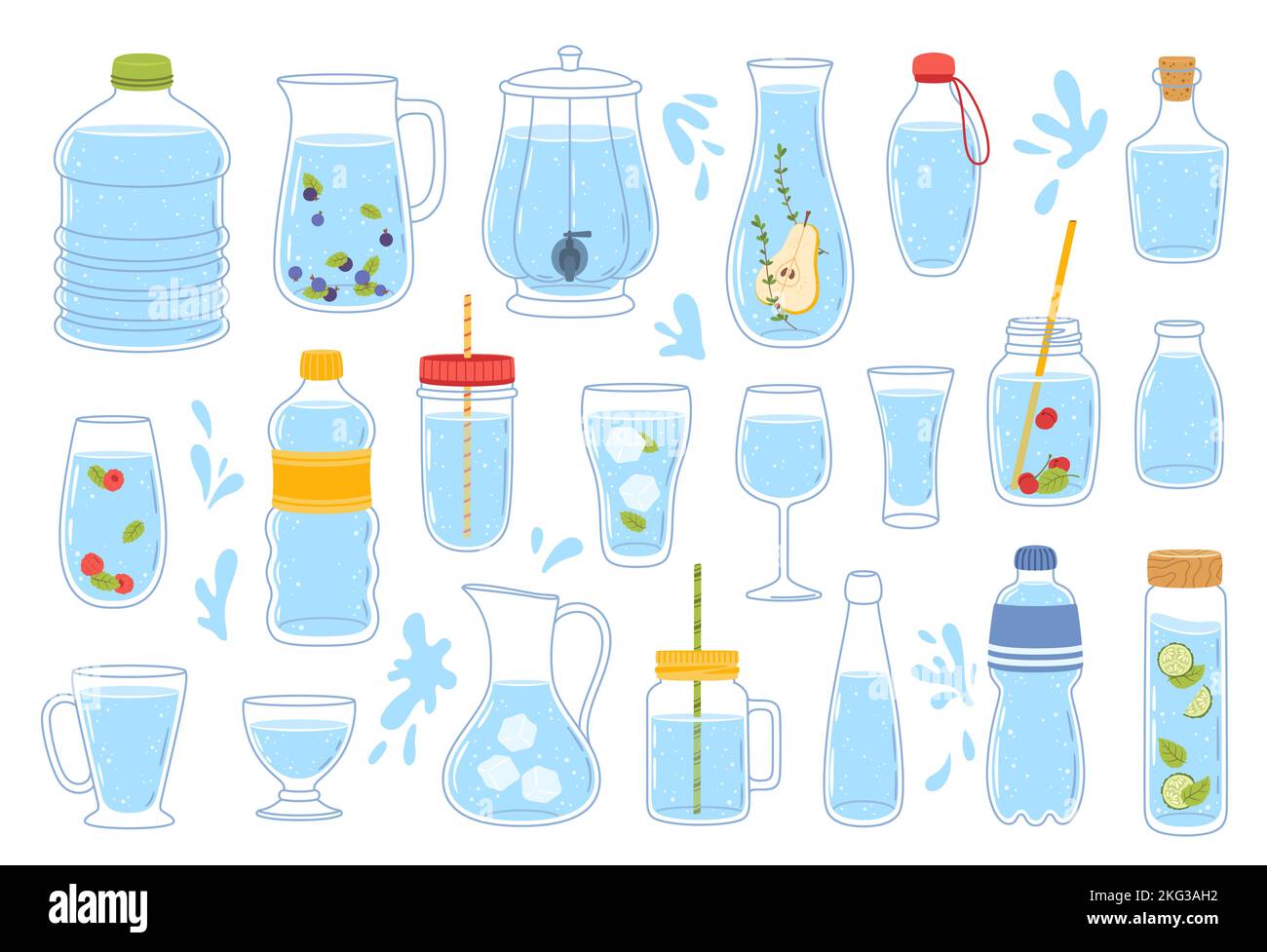 Bouteilles d'eau et contenants en verre et en plastique, tasses à boissons et carafes à boissons, icônes linéaires vectorielles. Verre de soda, bière et vin, pichet, tasse de thé glacé, carafe à whisky et bouteille d'eau minérale Illustration de Vecteur