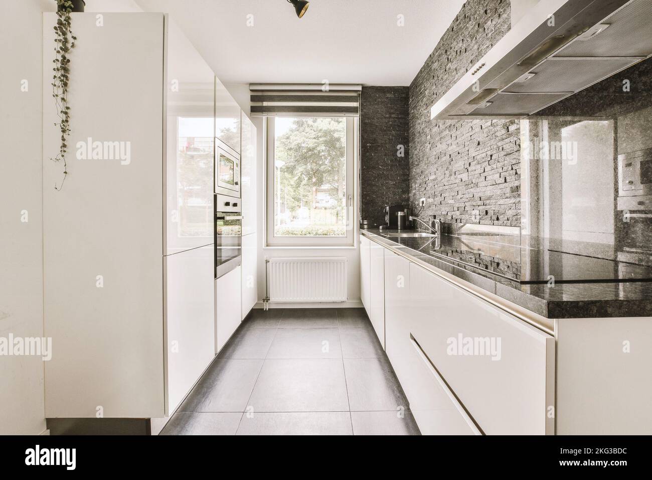 Décoration intérieure d'appartement loft moderne avec cuisine ouverte dans un style minimaliste et spacieuse salle à manger avec table et chaises Banque D'Images