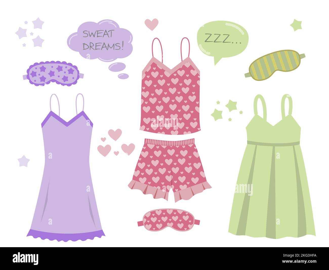 Vêtements de nuit pour femme, vêtements de nuit pour femme, ensemble pyjama tendance de la collection. Vecteur de style plat Illustration de Vecteur