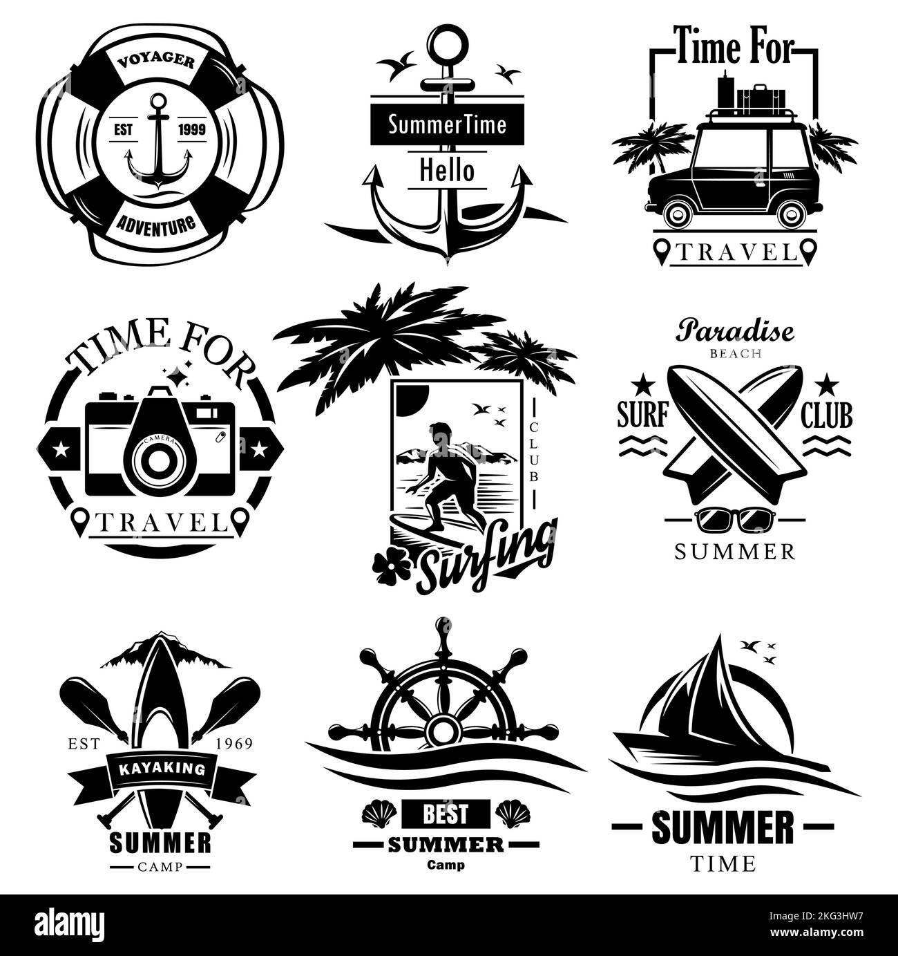 Ensemble vectoriel de vacances d'été, vacances de croisière, voyage sur route, kayak et surf activités sports nautiques vintage logos monochromes, emblèmes, étiquettes et Illustration de Vecteur