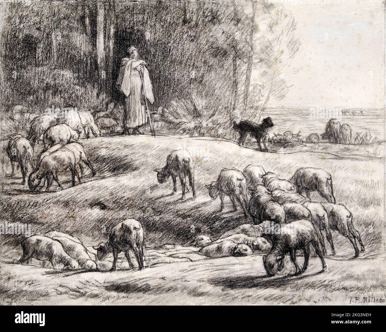 Jean-François Millet; The Shepherdess; Circa 1852-1862; craie noire sur papier vélin blanc cassé; University of Michigan Museum of Art, États-Unis. Banque D'Images