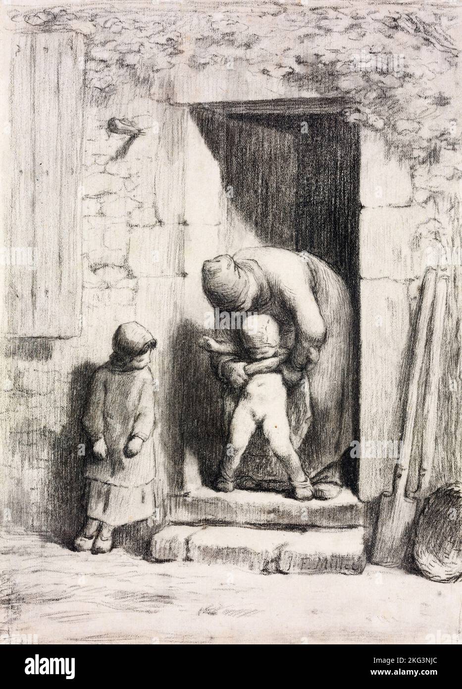 Jean-François Millet; sollicitude maternelle; Circa 1855-1857; craie noire sur papier; Musée des Beaux-Arts, Budapest, Hongrie. Banque D'Images