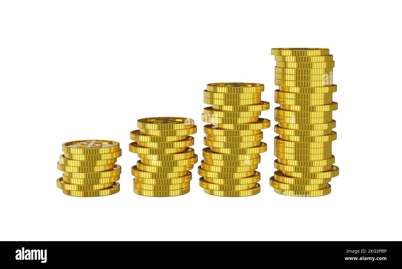 3d effectuez le rendu de la pile de pièces d'un dollar d'argent avec un concept blanc isolé d'économie et de transparence financière d'affaires Banque D'Images