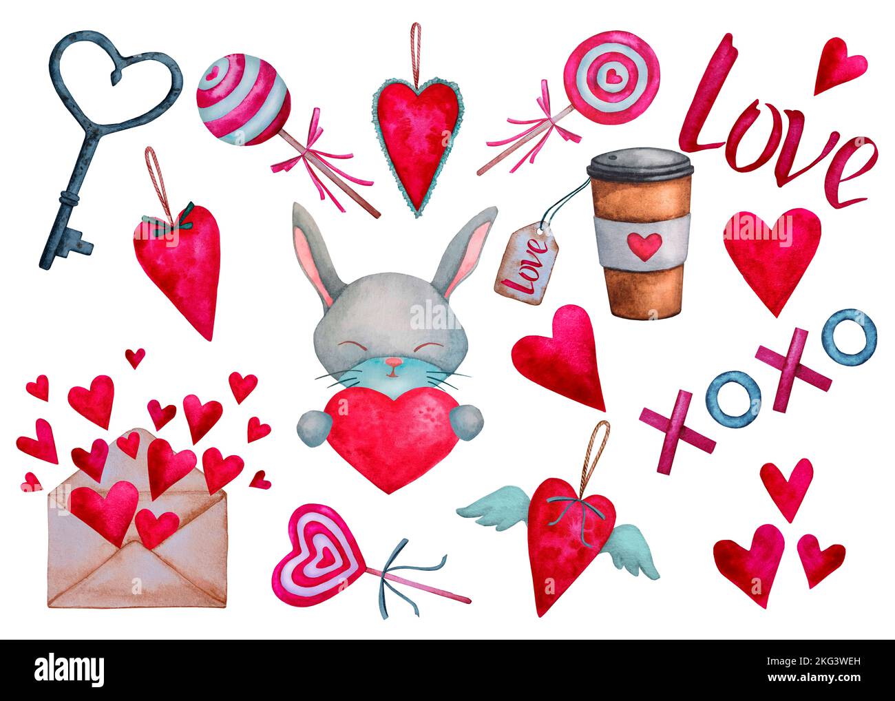 Ensemble d'éléments de Saint-Valentin, objets symbole d'amour et lettres mignonnes. Collection d'illustrations aquarelle. Banque D'Images