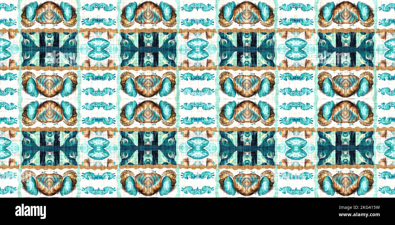 La maison de plage sarcelle est borde patchwork de style côtier. nantucket moderne été imprimé bordures temps tissu. Ruban de bannière en répétition sans couture. Banque D'Images