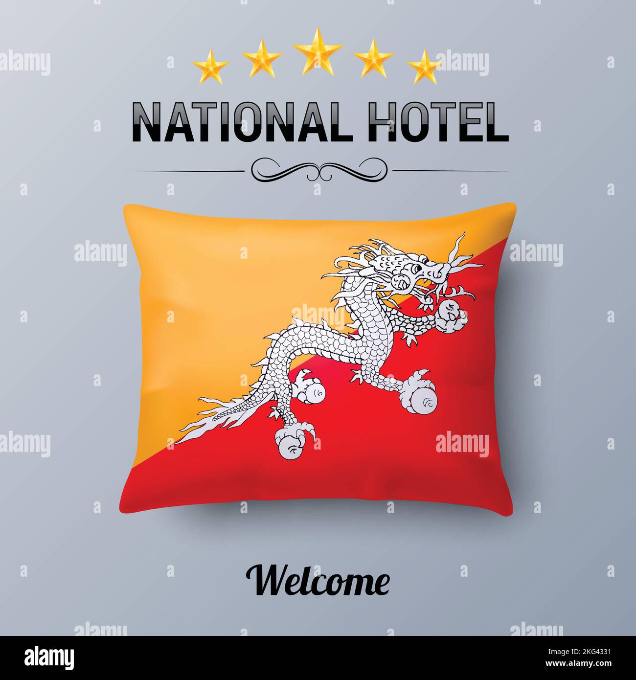 Oreiller réaliste et drapeau du Bhoutan en tant que Symbol National Hotel. Couvre-oreiller drapeau avec drapeau bhoutanais Illustration de Vecteur