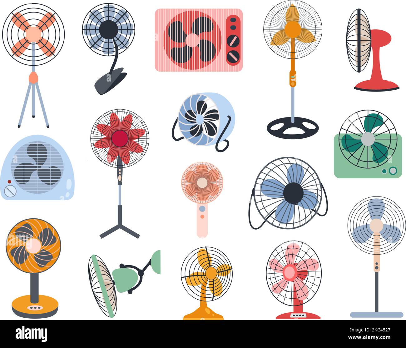 Ventilateurs électriques. Équipement de climatisation à circulation d'air, types de ventilateurs de refroidissement pour ensemble de vecteur de dessin animé par temps chaud Illustration de Vecteur