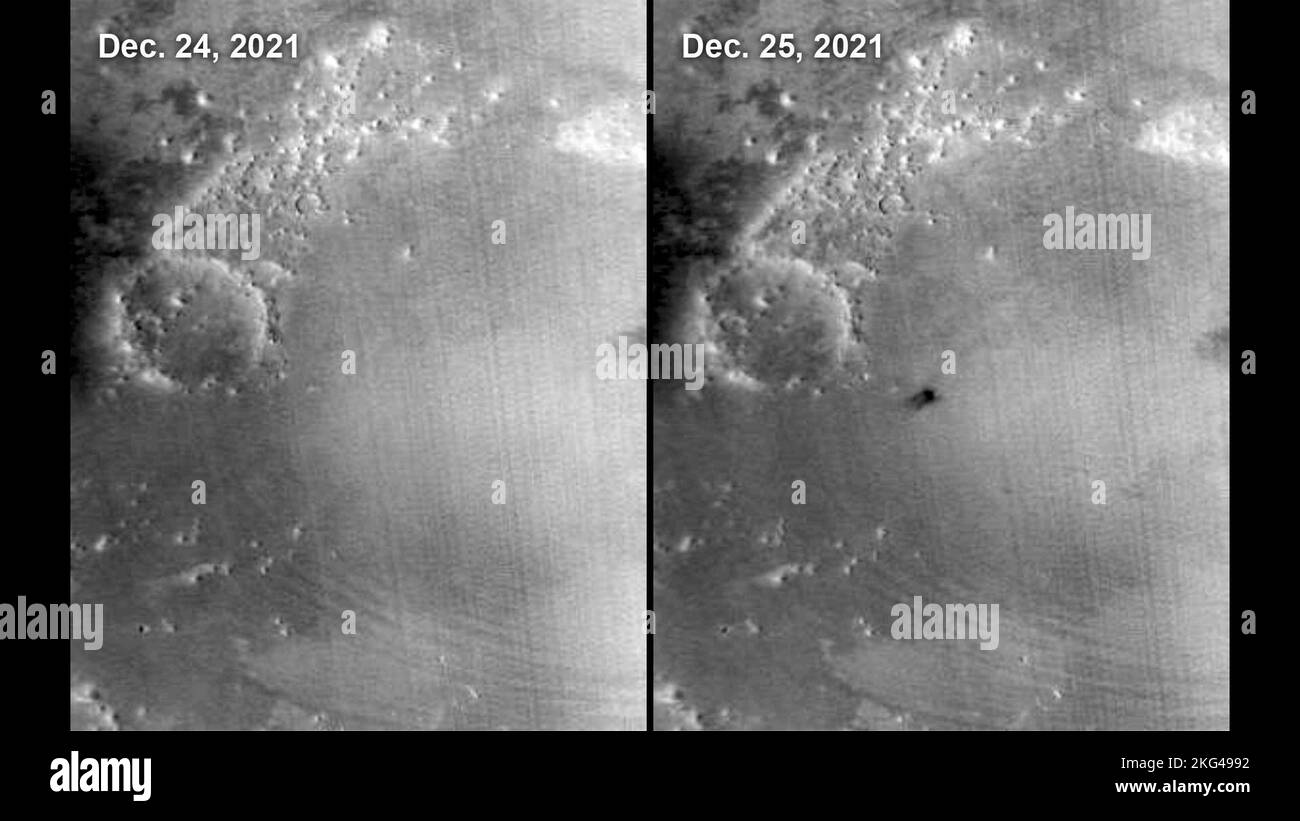 MARCI voit un cratère d'impact Mars dans Amazonis Planitia. La caméra Mars Color Imager (MARCI) à bord de l'orbiteur Mars reconnaissance (MRO) de la NASA a capturé cette comparaison avant et après d'une région de Mars appelée Amazonis Planitia, qui a été frappée par un météoroïde le 24 décembre 2021. L'impact a été si important que MARCI peut le voir de l'espace. Au fur et à mesure que MRO passe sur la planète, MARCI prend chaque jour des images linéaires – essentiellement des bandes – de la circonférence de la planète. Les images sont ensuite assemblées pour créer une carte globale quotidienne de la planète, données généralement utilisées pour surveiller les changements atmosphériques et Banque D'Images