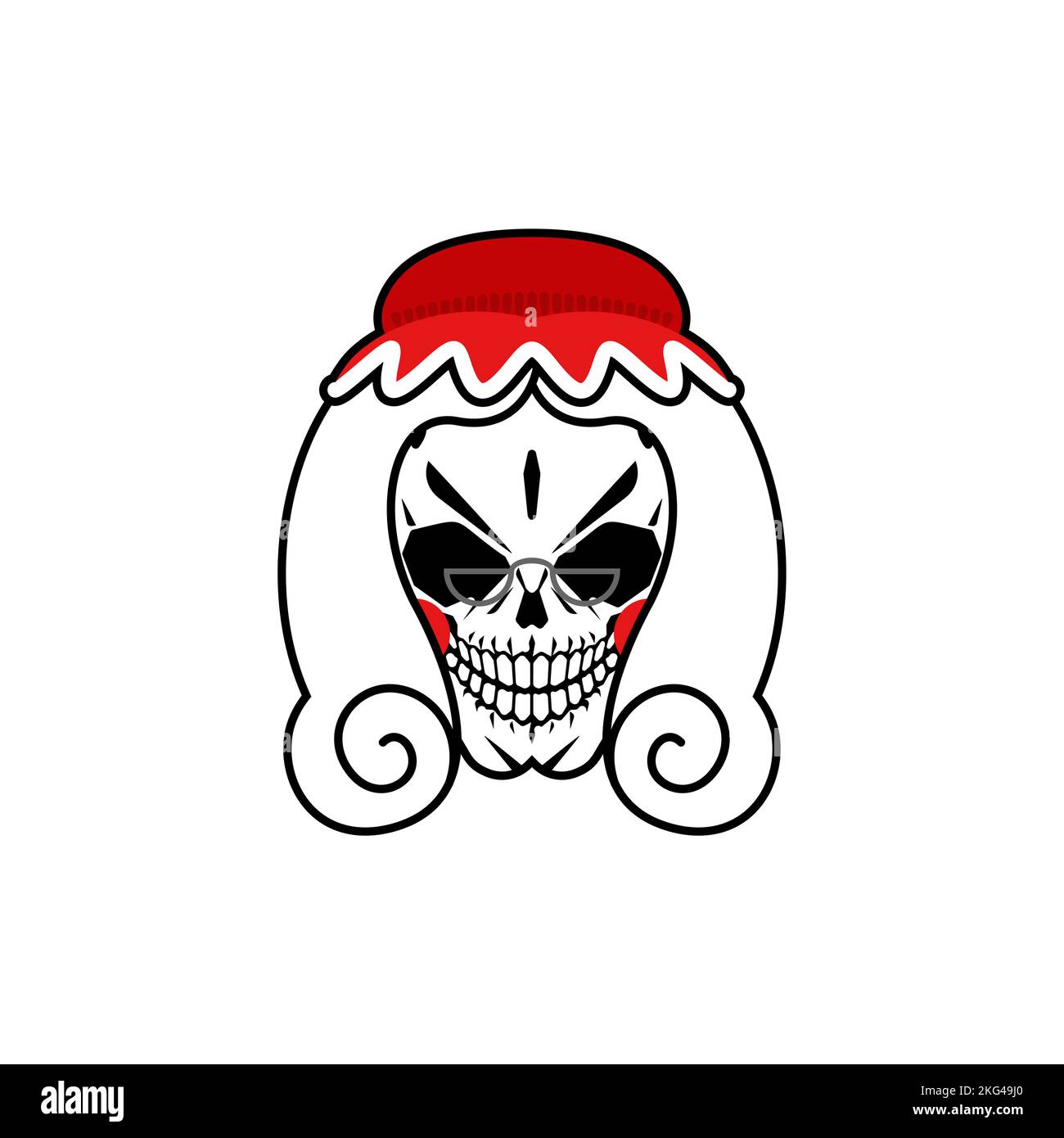 Crâne de Mme Santa. Tête squelette avec capot. Noël et le nouvel an sont des illustrations effrayantes. Illustration de Vecteur