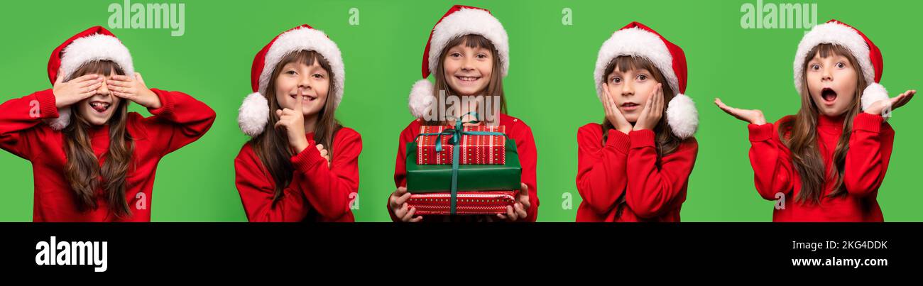 Collage joyeuse fille souriante dans le chapeau de Santa est heureuse avec les cadeaux du nouvel an dans ses mains. Des émotions différentes. Joyeux Noël. Isolé sur un fond vert. Photo de haute qualité Banque D'Images