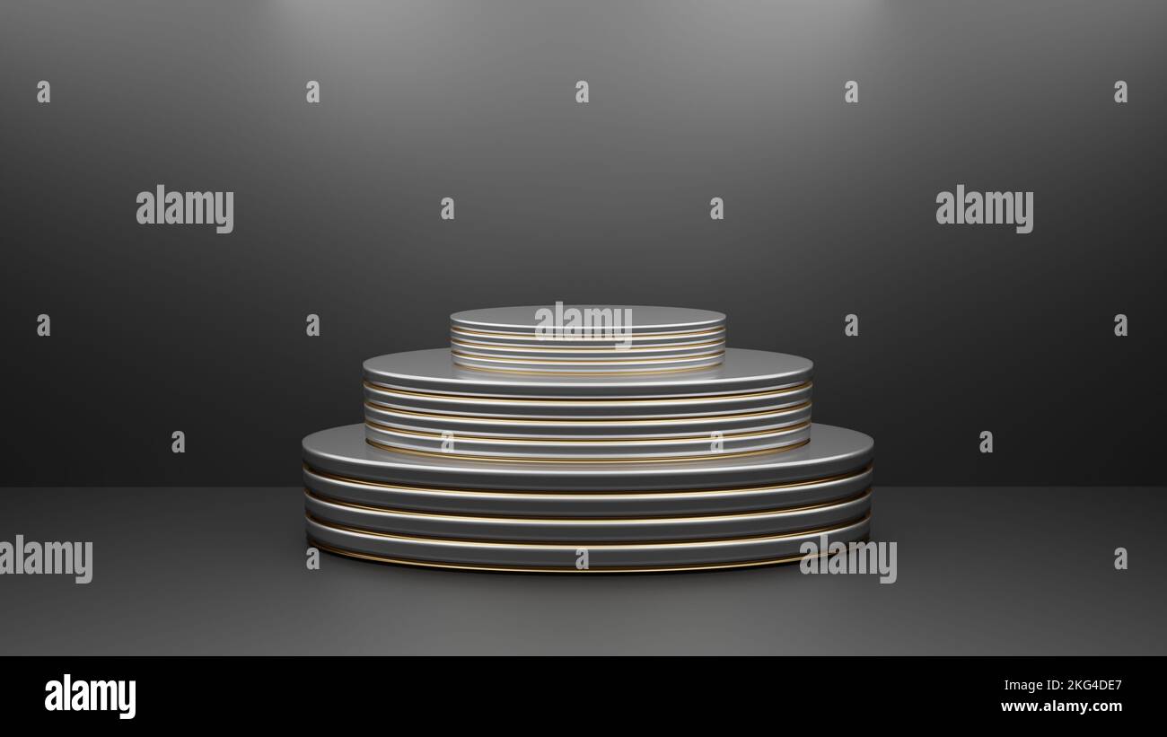 Podium vide en argent triple ovale avec touches dorées sur fond noir. Se tenir sur un avec arrière-plan. Support argent pour la présentation du produit ou du produit. Banque D'Images