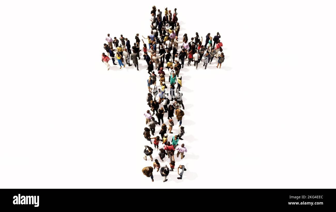 Concept conceptuel vaste communauté de personnes formant l'image d'une croix chrétienne religieuse. Une métaphore d'illustration 3d pour Dieu, Christ, religion Banque D'Images