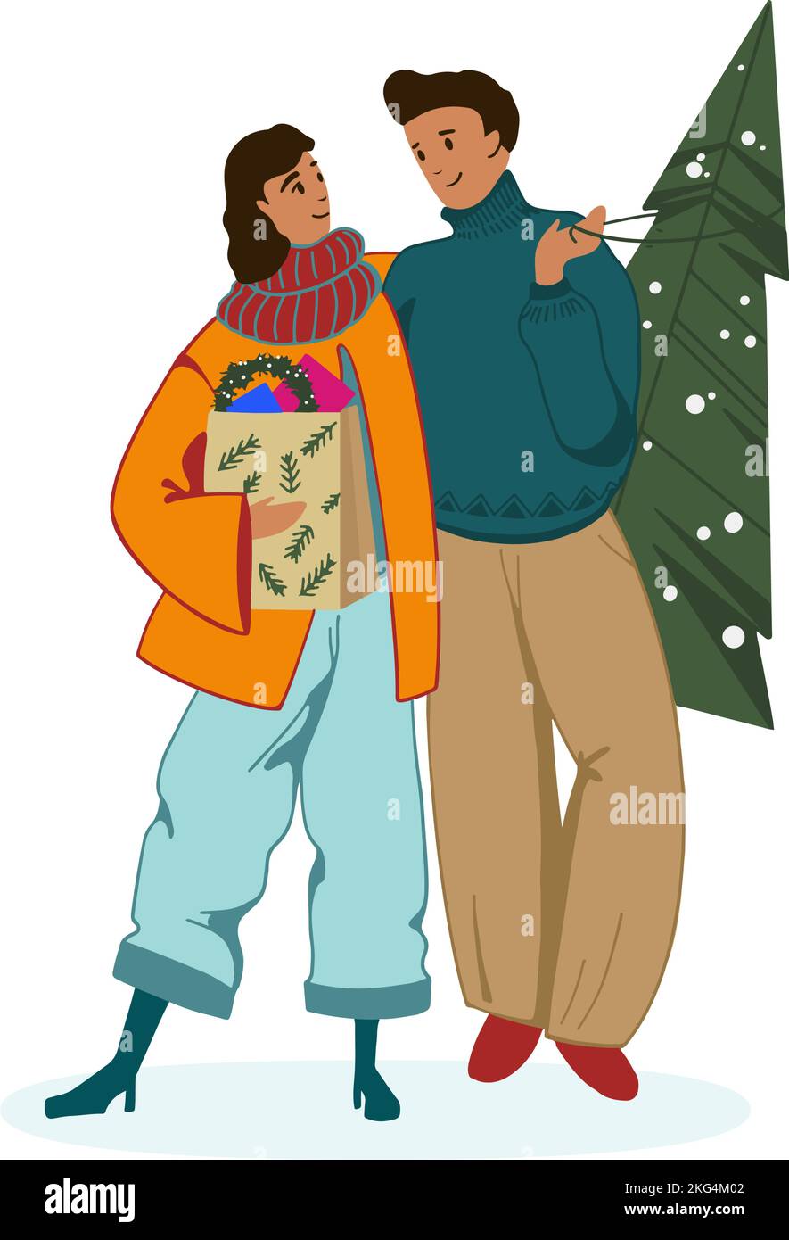 Joyeux jeune couple portant un sac à provisions avec des cadeaux de Noël et un arbre de pin. Joyeux femme et homme avec le nouvel an présente pour les vacances d'hiver. Plat Illustration de Vecteur