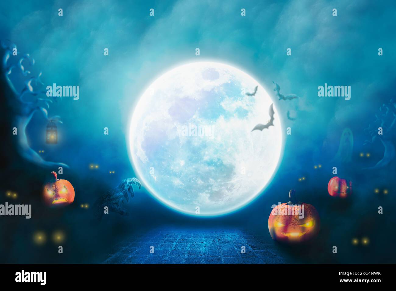 3D illustration, Halloween festival fond concept, la super pleine lune et le Jack o lanterne citrouille dans le mystérieux cimetière Banque D'Images