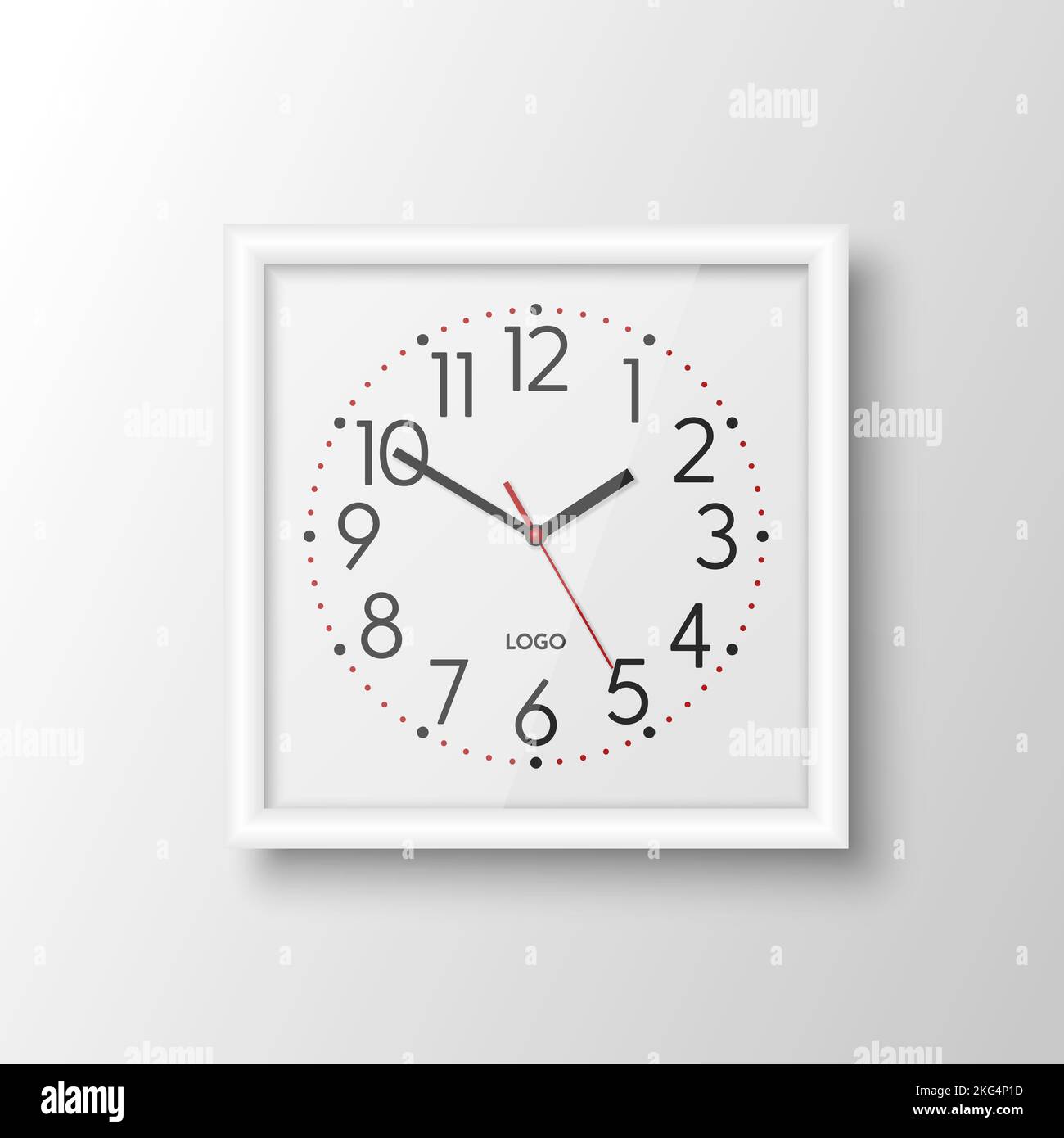 Vector 3D Realistic White Square Wall Office Clock, modèle de conception isolé. Cadre blanc, cadran blanc, maquette d'horloge murale pour marquage et Illustration de Vecteur