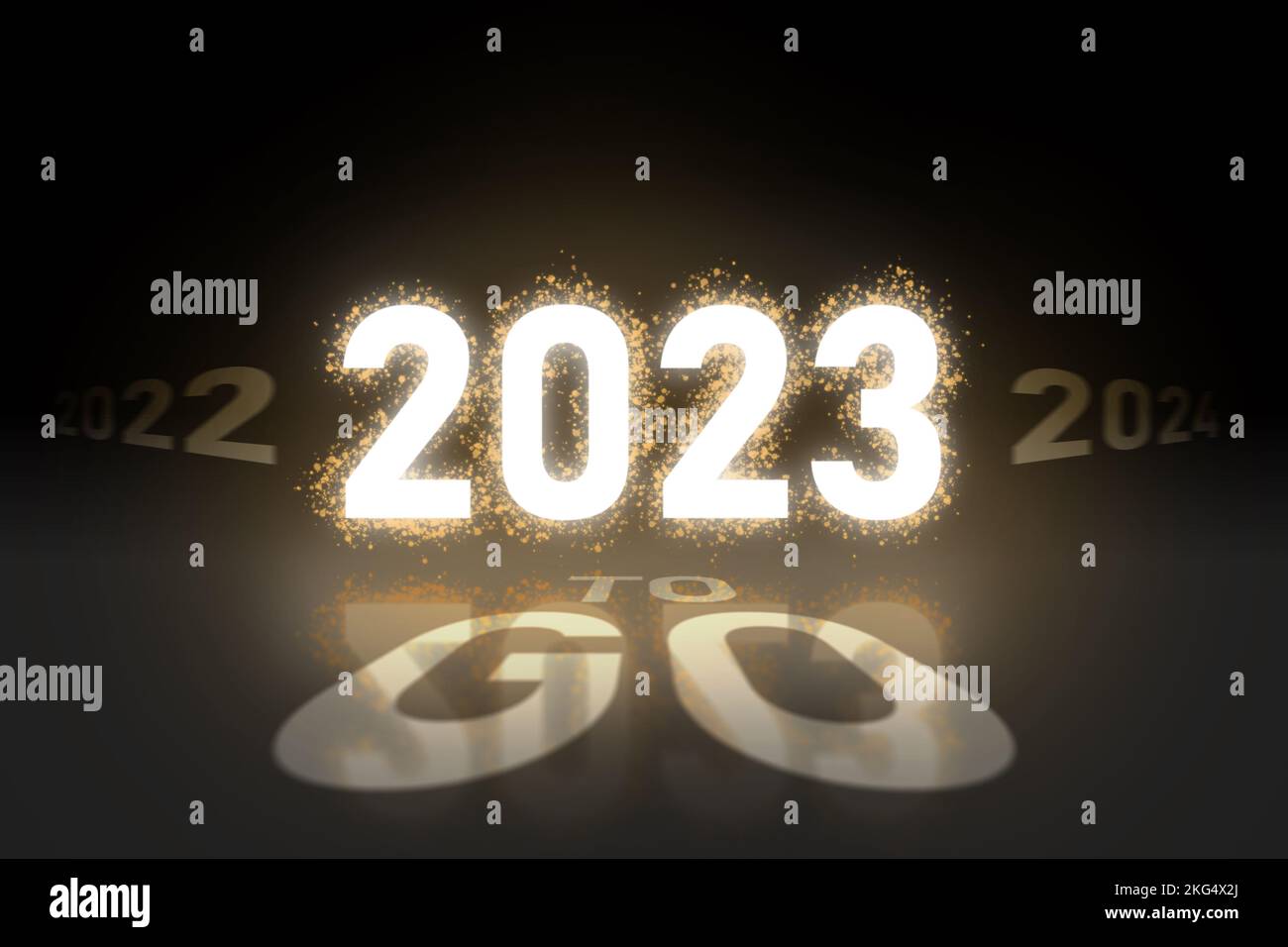 3D rendu, 2023 Happy New Year concept, feu doré brillant et décoration de texte sur le sol et réflexion, fond noir Banque D'Images