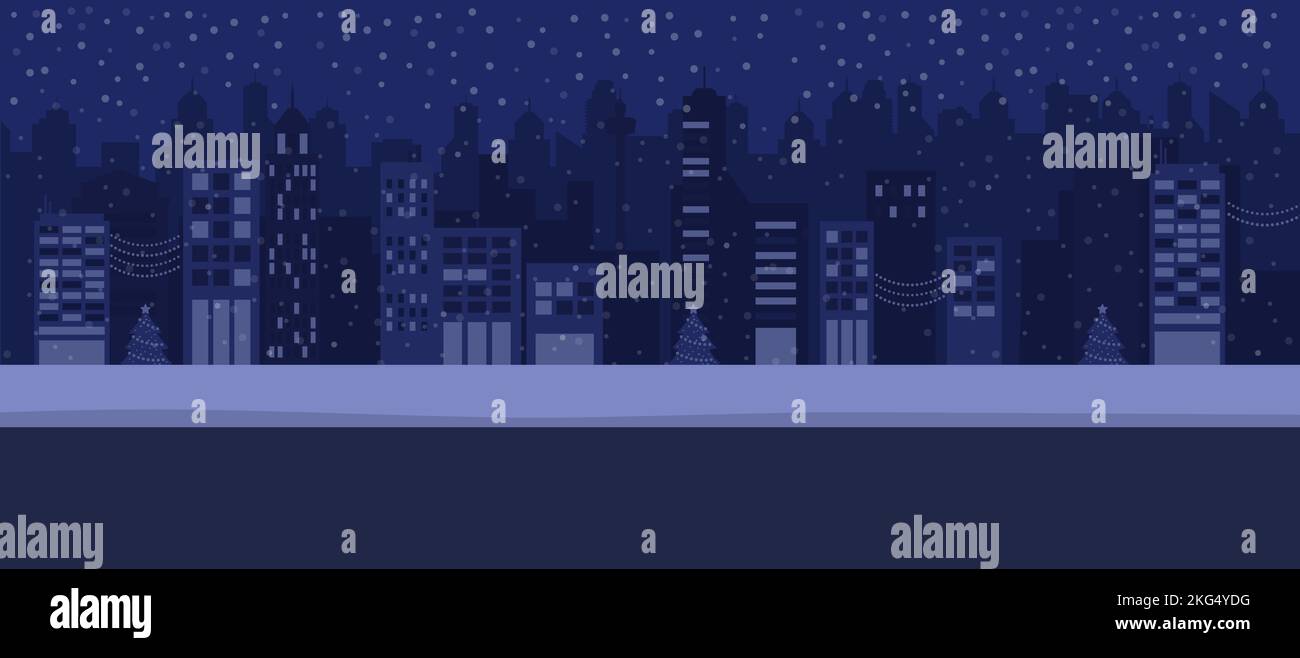 Paysage urbain avec décorations de Noël et neige la nuit, Noël et hiver concept Illustration de Vecteur