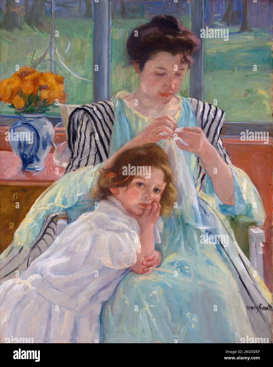 Jeune mère couture, (1900), peinture par Mary Cassatt Banque D'Images