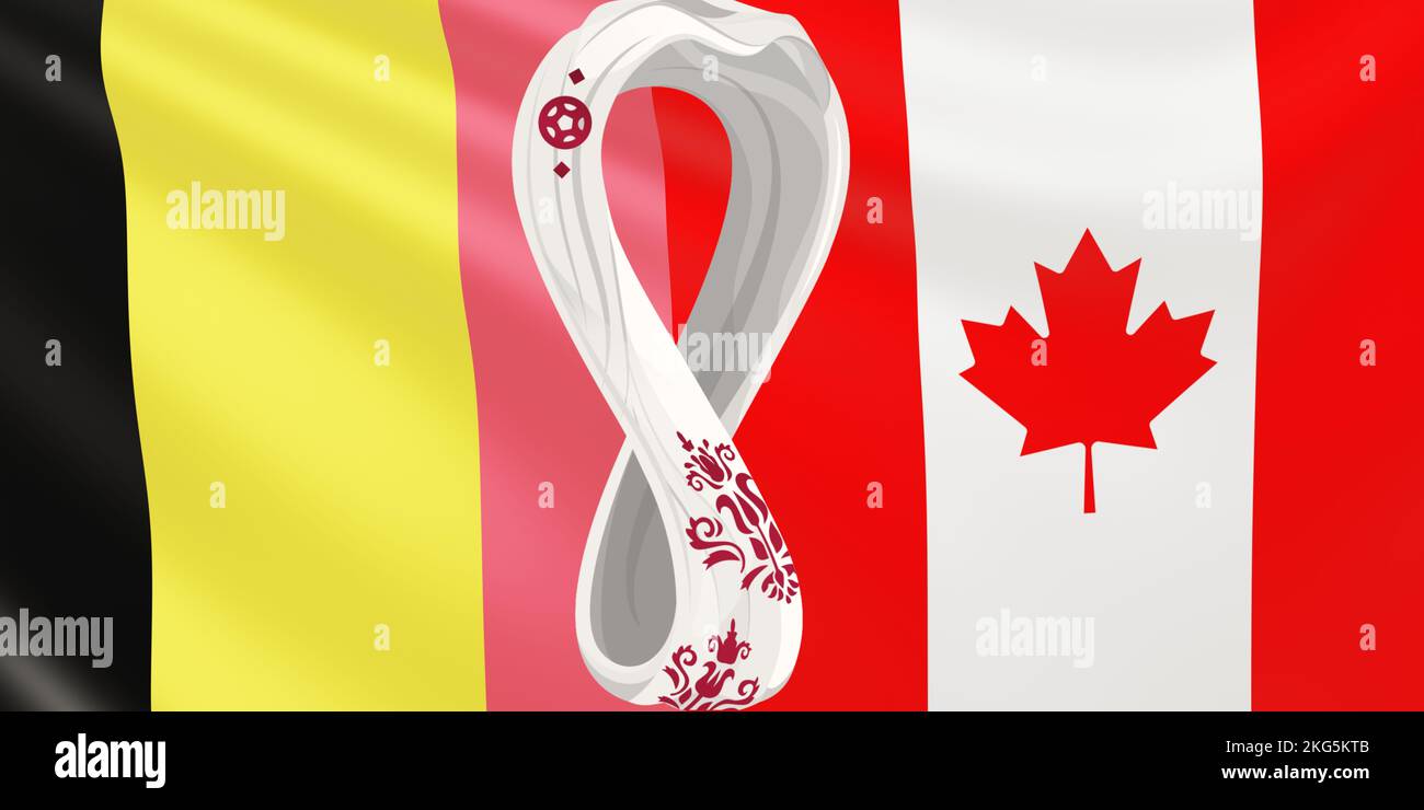 Représentation du drapeau des équipes nationales de football Belgique contre Canada à FIFA 2022 au Qatar. Drapeau de développement des équipes de la coupe du monde. Banque D'Images