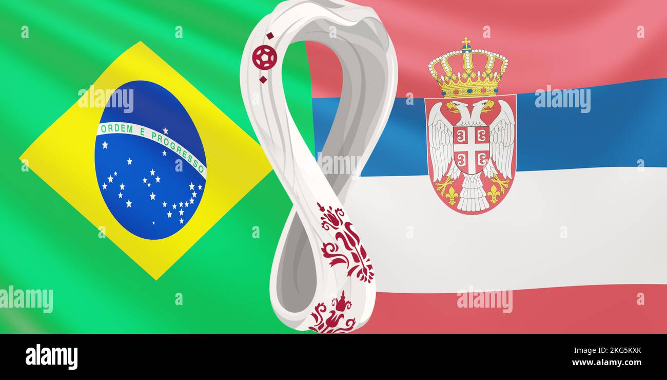 Représentation du drapeau des équipes nationales de football Brésil contre Serbie à FIFA 2022 au Qatar. 7000x3500. Drapeau de développement des équipes de la coupe du monde. Banque D'Images