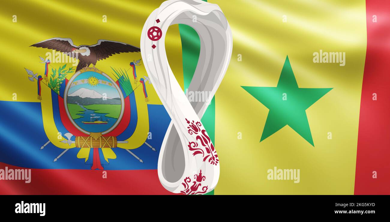 Représentation du drapeau des équipes nationales de football Equateur contre Sénégal à FIFA 2022 au Qatar. Drapeau de développement des équipes de la coupe du monde. Banque D'Images