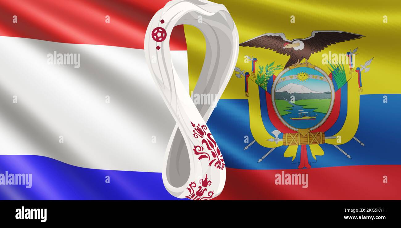 Rendu du drapeau des équipes nationales de football des pays-Bas et de l'Equateur à FIFA 2022 au Qatar. Drapeau de développement des équipes de la coupe du monde. Banque D'Images