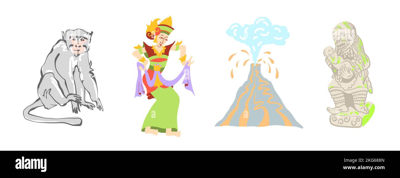 Symboles de la culture balinaise - danse traditionnelle, singe, volcan Agung et sculpture démon, illustration vectorielle Illustration de Vecteur