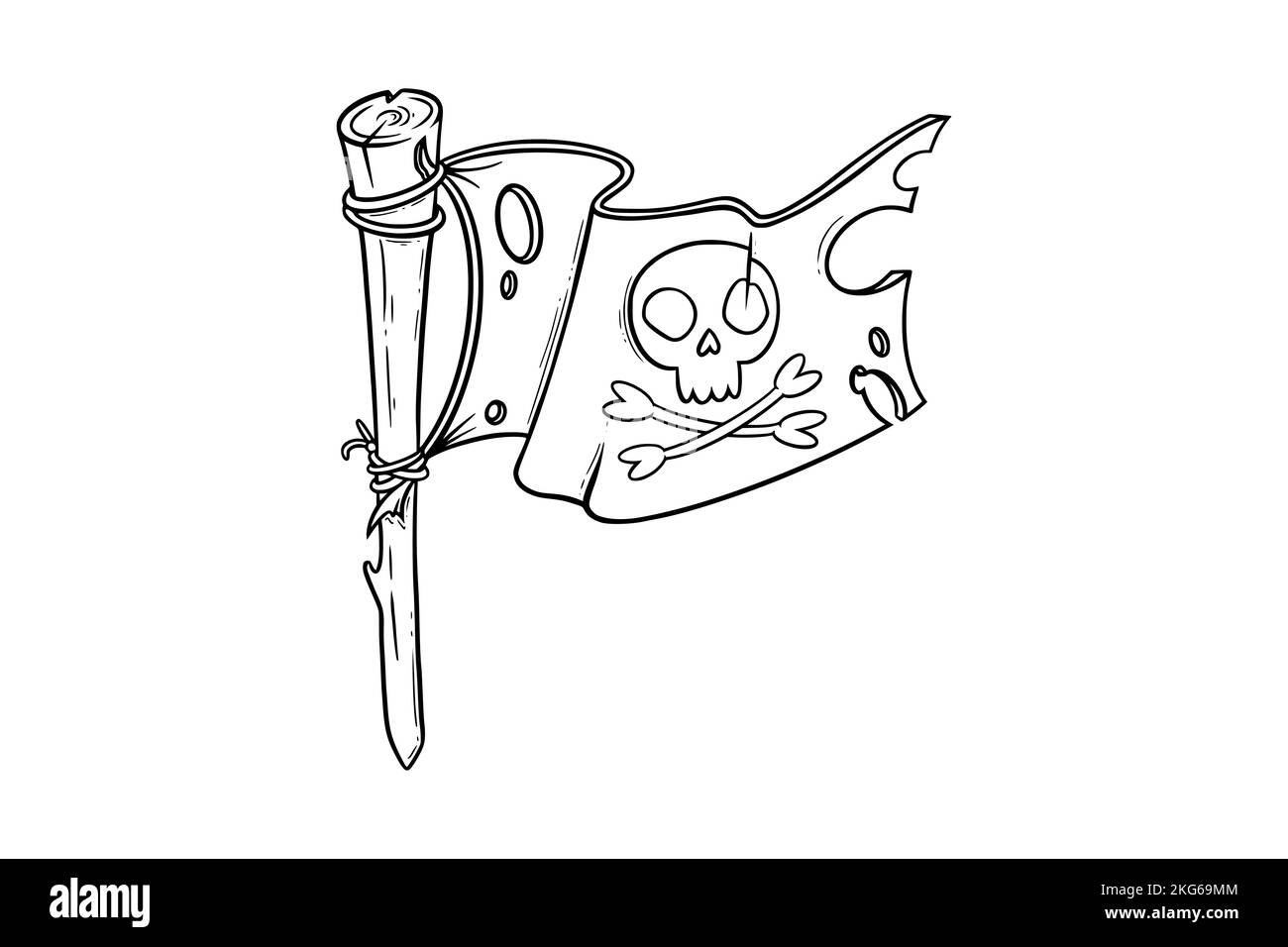 Esquisse de drapeau pirate. Drapeau déchiré avec des crossos et un crâne. Illustration vectorielle isolée sur fond blanc Illustration de Vecteur