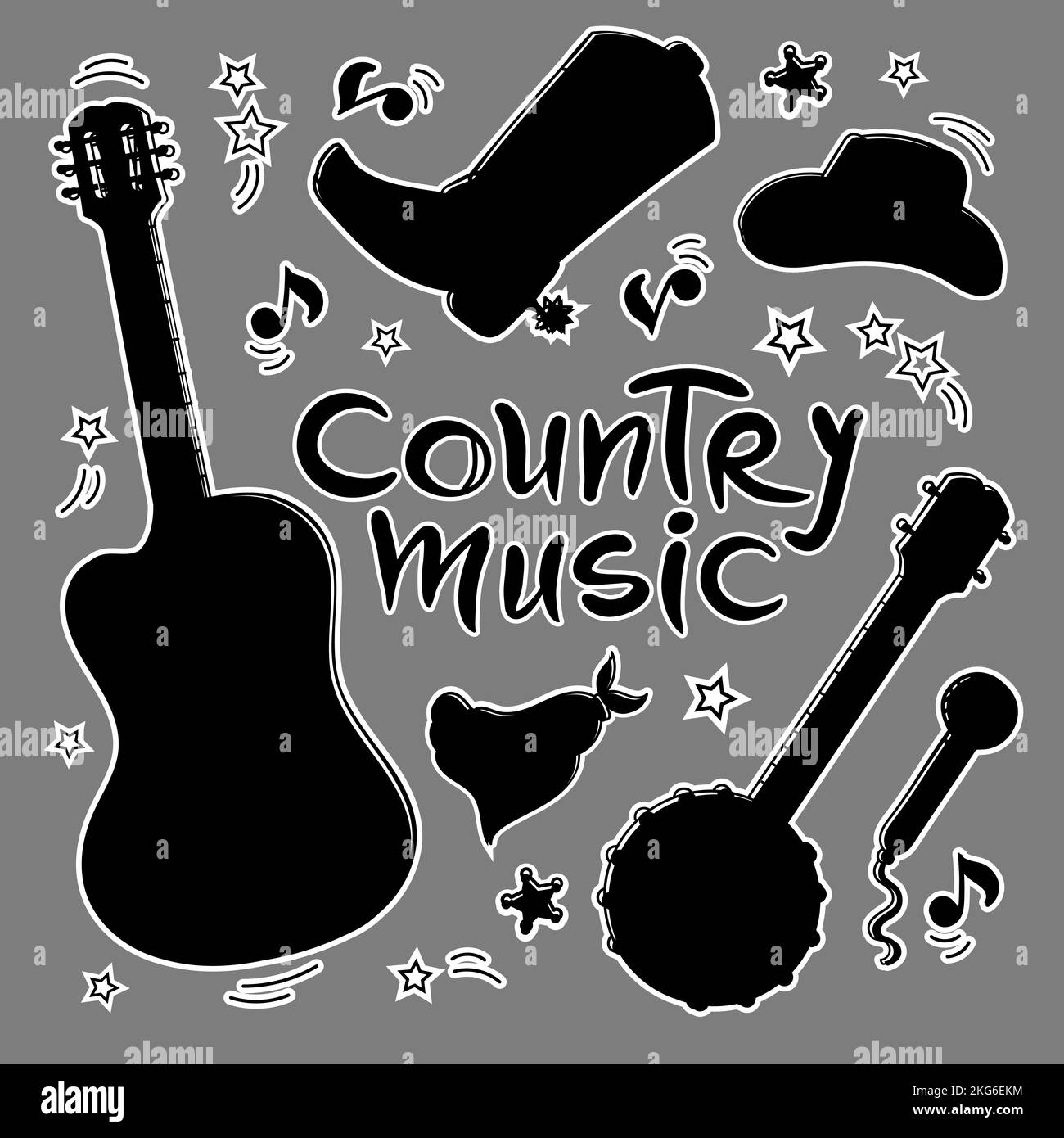 SYMBOLES DE MUSIQUE COUNTRY Couper Silhouettes Cowboy américain attributs du Western Music Festival Country Vector Illustration Set pour l'impression et la découpe Illustration de Vecteur