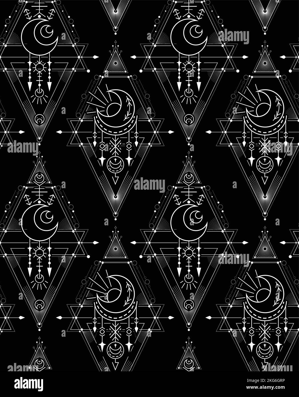 Motif géométrique mystique de contour vectoriel. Texture magique avec symboles occultes avec étoiles et croissant. Arrière-plan monochrome du contour sacré Illustration de Vecteur