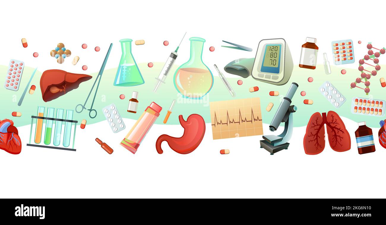 Médecine et traitement horizontal sans couture. Style de dessin animé. Sujets d'étude. Équipement et organes internes humains pour le traitement. Isolé sur bac blanc Illustration de Vecteur