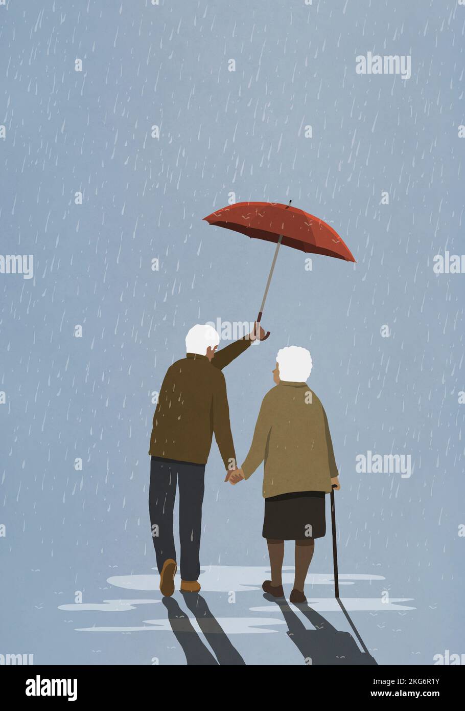Affectueux mari senior tenant parapluie sur femme sous la pluie Banque D'Images