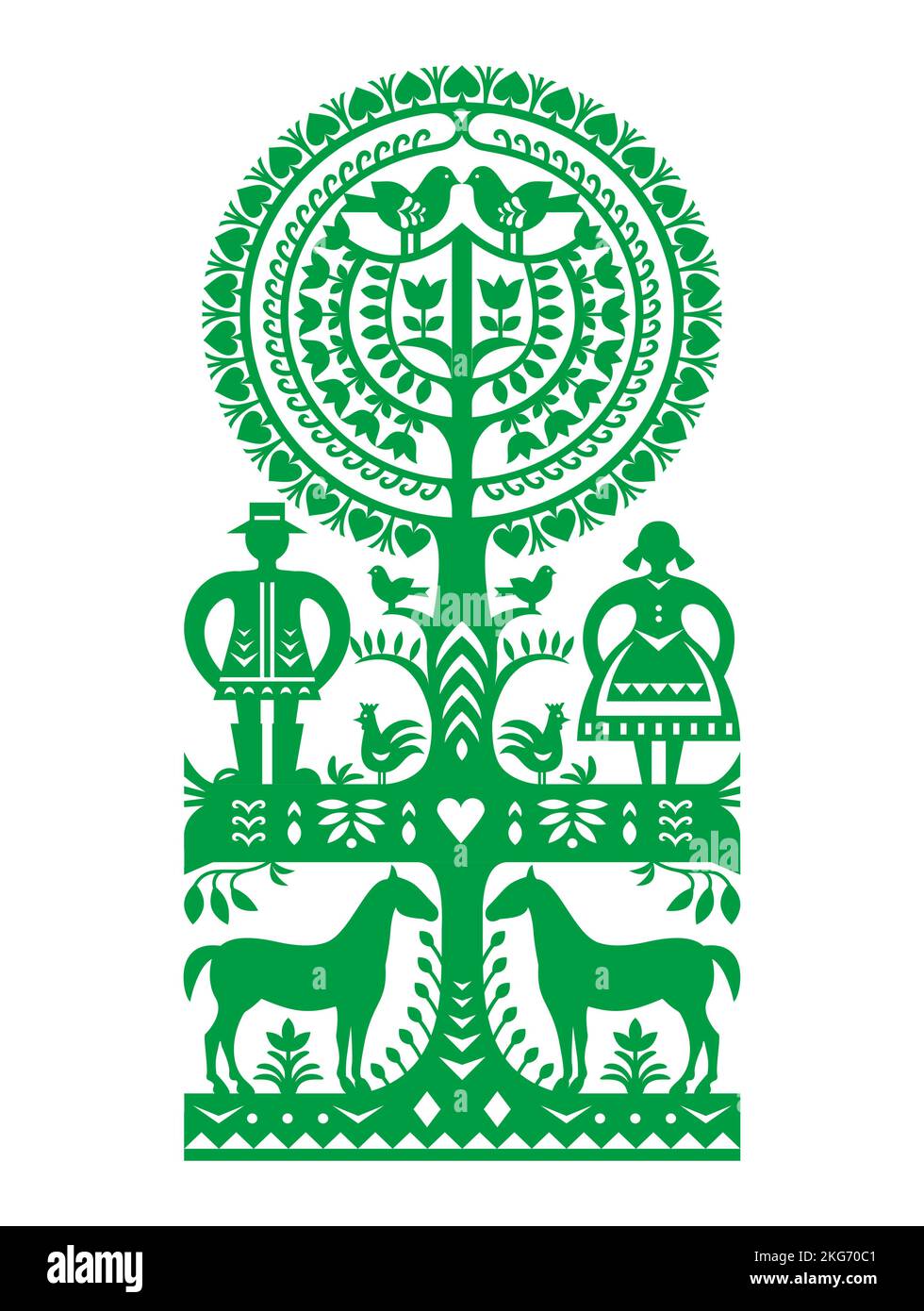 Dessin vectoriel d'art folklorique polonais Wycinanki Kurpiowskie avec homme et femme, oiseaux et chevaux - Kumpie papier découpes design avec scène rurale Illustration de Vecteur