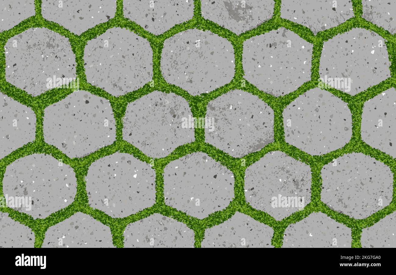 Motif sans couture de vieux pavés avec mousse et briques texturées hexagonales. Vue de dessus de la texture de chemin de vecteur. Trottoir extérieur en dalle. Pied pavé Illustration de Vecteur