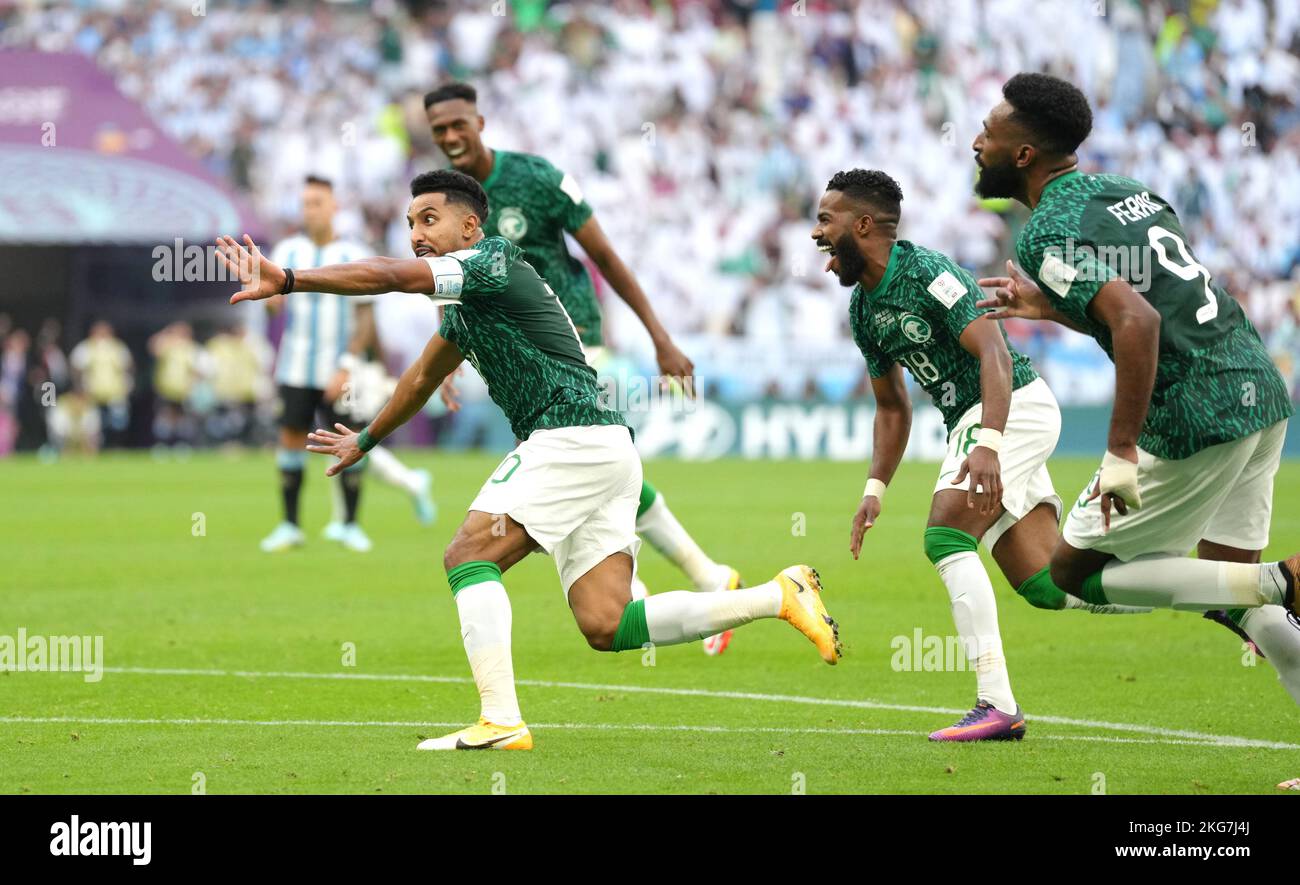 Salem Al-Dawsari d'Arabie Saoudite célèbre le deuxième but de son équipe lors du match de la coupe du monde de la FIFA du groupe C au stade Lusail, Lusail, Qatar. Date de la photo: Mardi 22 novembre 2022. Banque D'Images