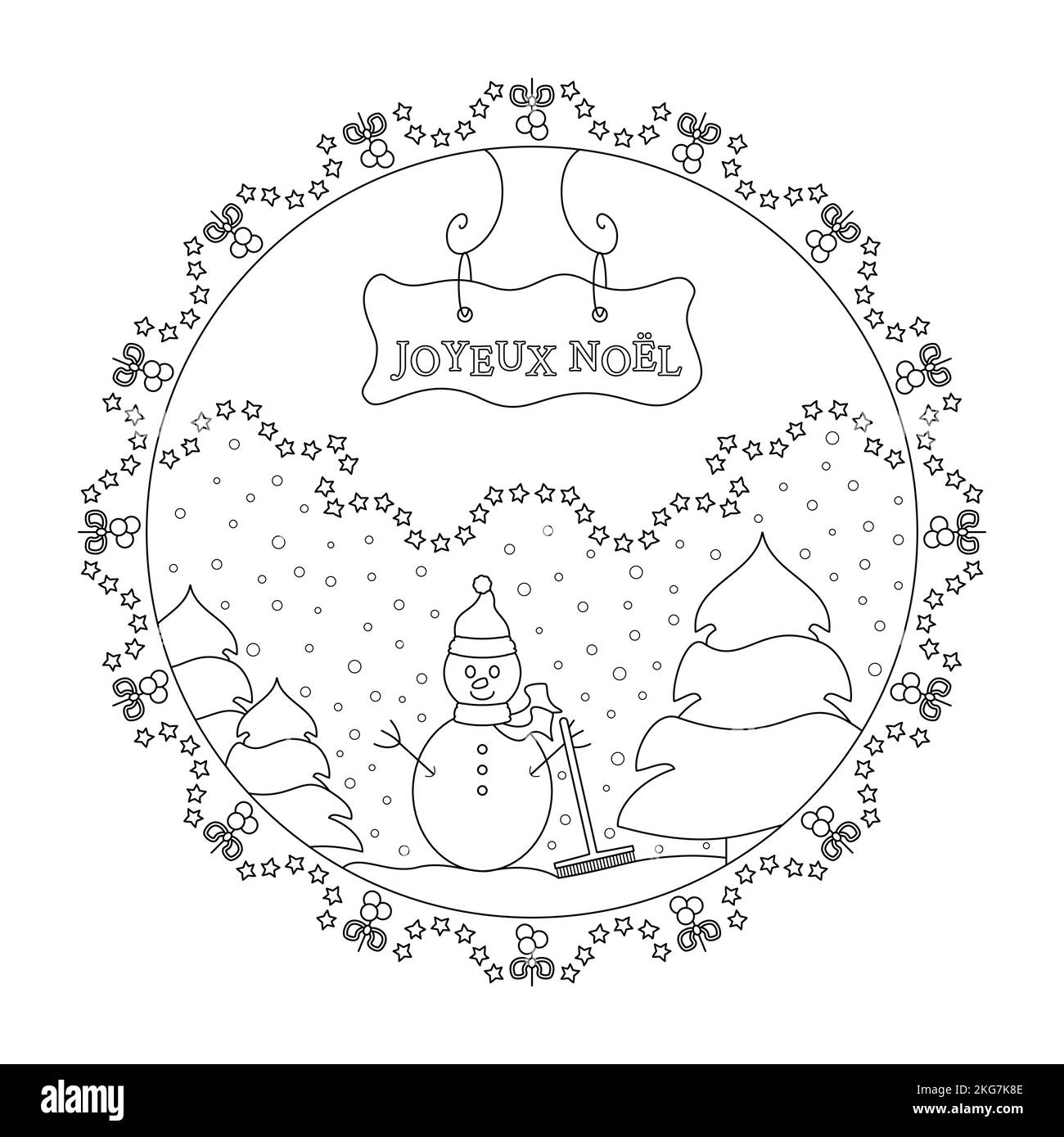 Bonhomme de neige et sapin. Chute de neige. Décoration d'hiver. Page de coloriage du mandala de Noël. Avec texte Joyeux Noël en français. Illustration vectorielle. Illustration de Vecteur