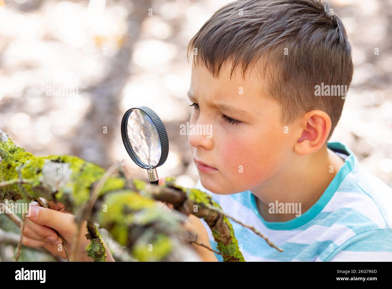 Curieux garçon explore la nature avec la loupe en plein air Banque D'Images