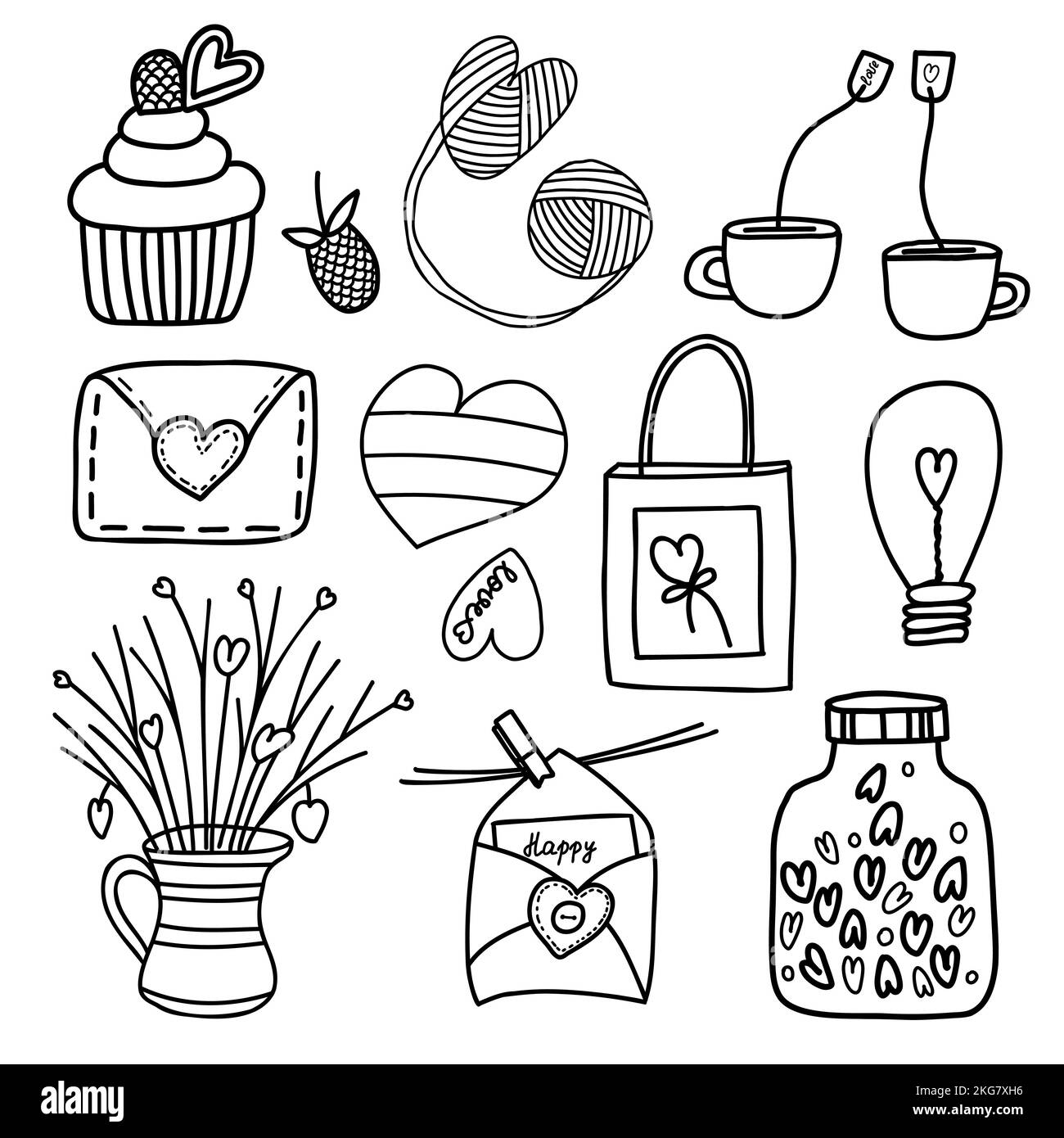 J'adore les éléments de la boodle. Ensemble d'icônes dessinées à la main. Illustration vectorielle. Design pour tirages, cartes postales et livres de coloriage Illustration de Vecteur