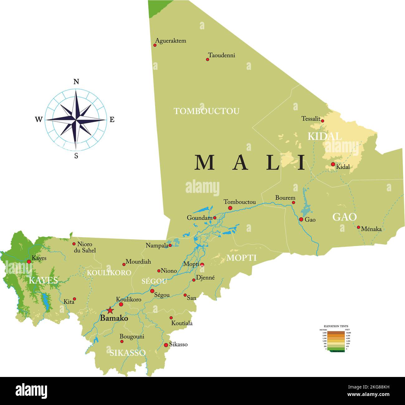 Carte physique très détaillée du Mali en format vectoriel, avec toutes les formes de secours, les régions et les grandes villes. Illustration de Vecteur