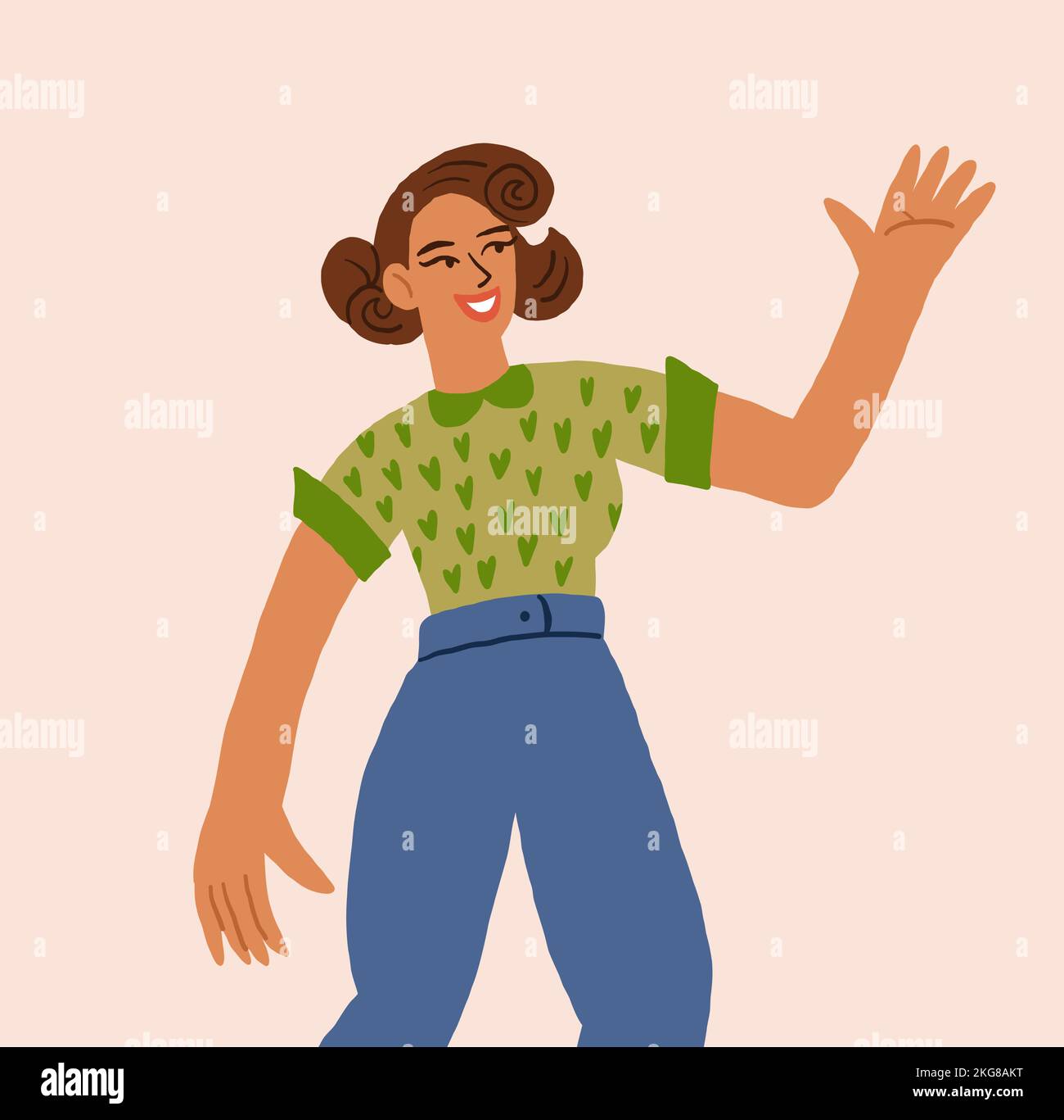 Illustration vectorielle de la femme souriante heureuse avec coupe vintage portant des jeans, femme souriante dans des vêtements décontractés saluant quelqu'un. Illustration vectorielle Illustration de Vecteur