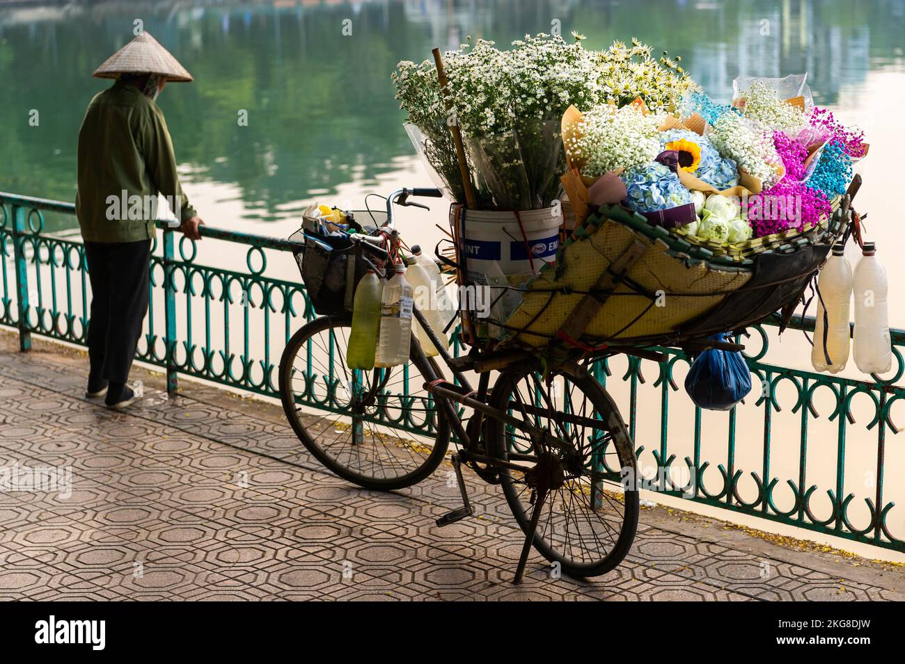 Vendre des fleurs et prendre des photos au coucher du soleil au lac Hồ Tây, Hanoï Vietnam Banque D'Images