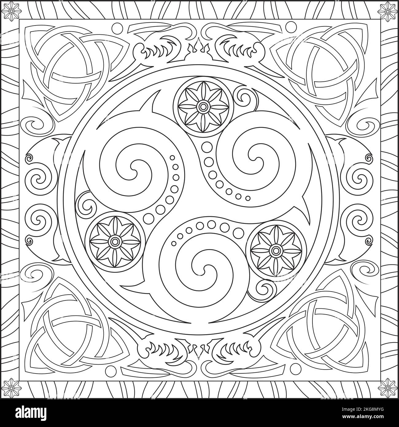 Page de coloriage Illustration en format carré pour adultes, Trsikelion Celtic Knot Mandala Design Dharma Wheel Illustration de Vecteur